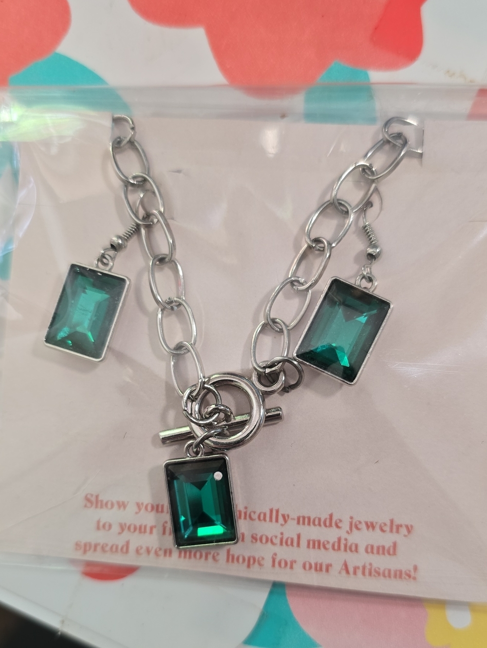 Emerald-Glass Rectangular Pendant Necklace with Matching Charms